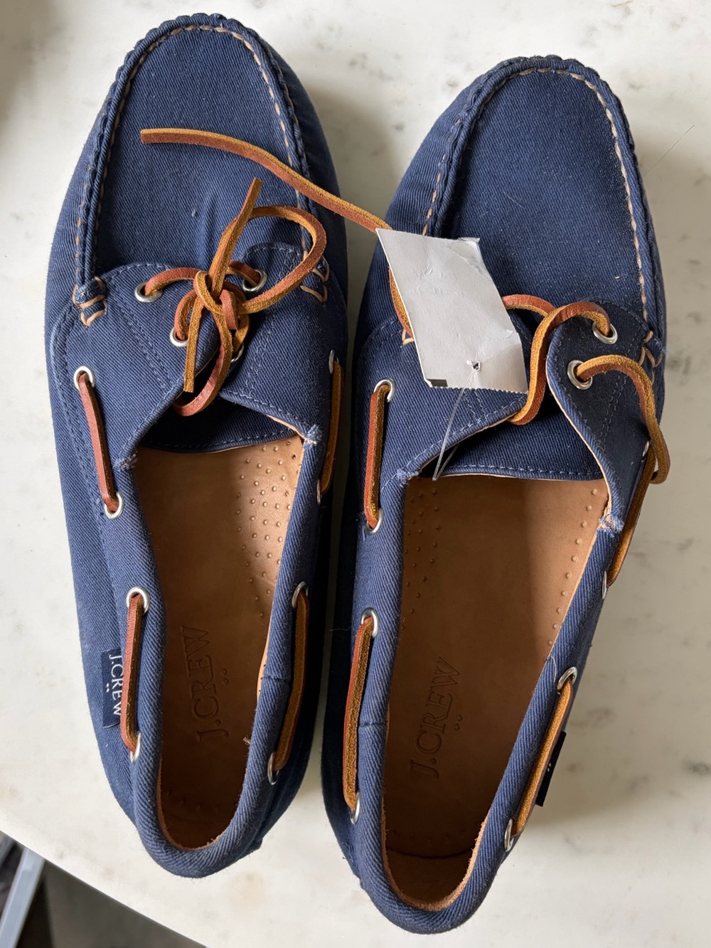 J. Crew Men's Navy Canvas Boat Shoes with Tan Leather Laces